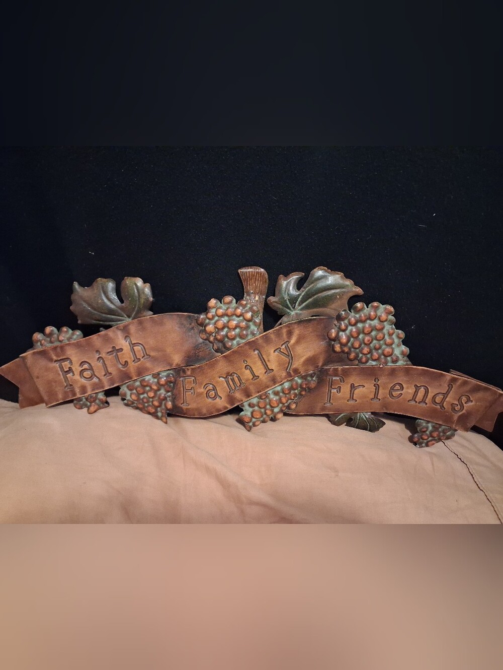 Faith, Family, Friends Copper-Tone Wall Plaque with Green Leaf Accents